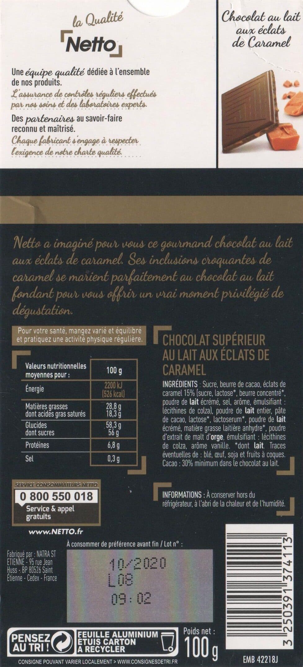 Netto Tablette dégustation chocolat au lait aux éclats de caramel et à la pointe de sel - 100g packshot