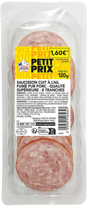 Petit prix Saucisson cuit a l'ail fume superieur 120g 8t fe packshot