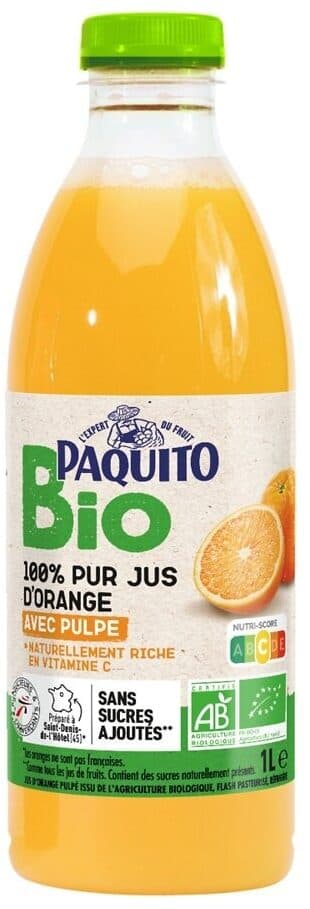 Paquito Pur jus orange avec pulpe bio pet 1l packshot