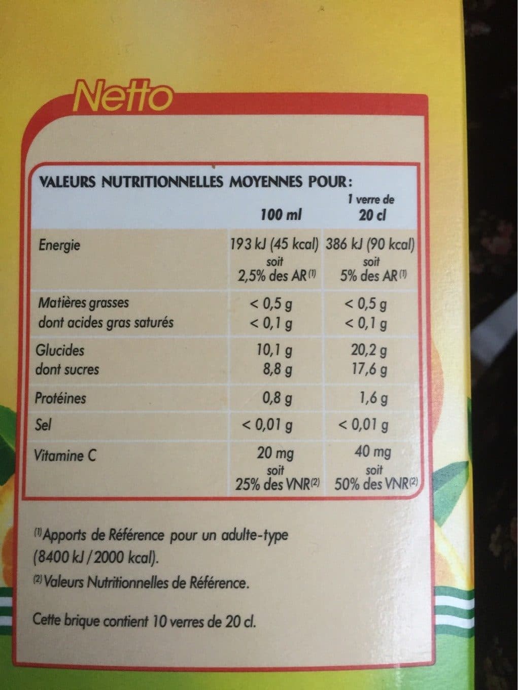 Netto Pj orange sans pulpe brique 2l packshot