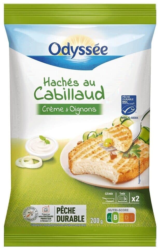 Odyssée Haché au cabillaud crème et oignons x2 - MSC - 200g (2025 projet passage sur : HACHE AU COLIN D'ALASKA CITRON & PERSIL x2 - MSC - 200g) packshot