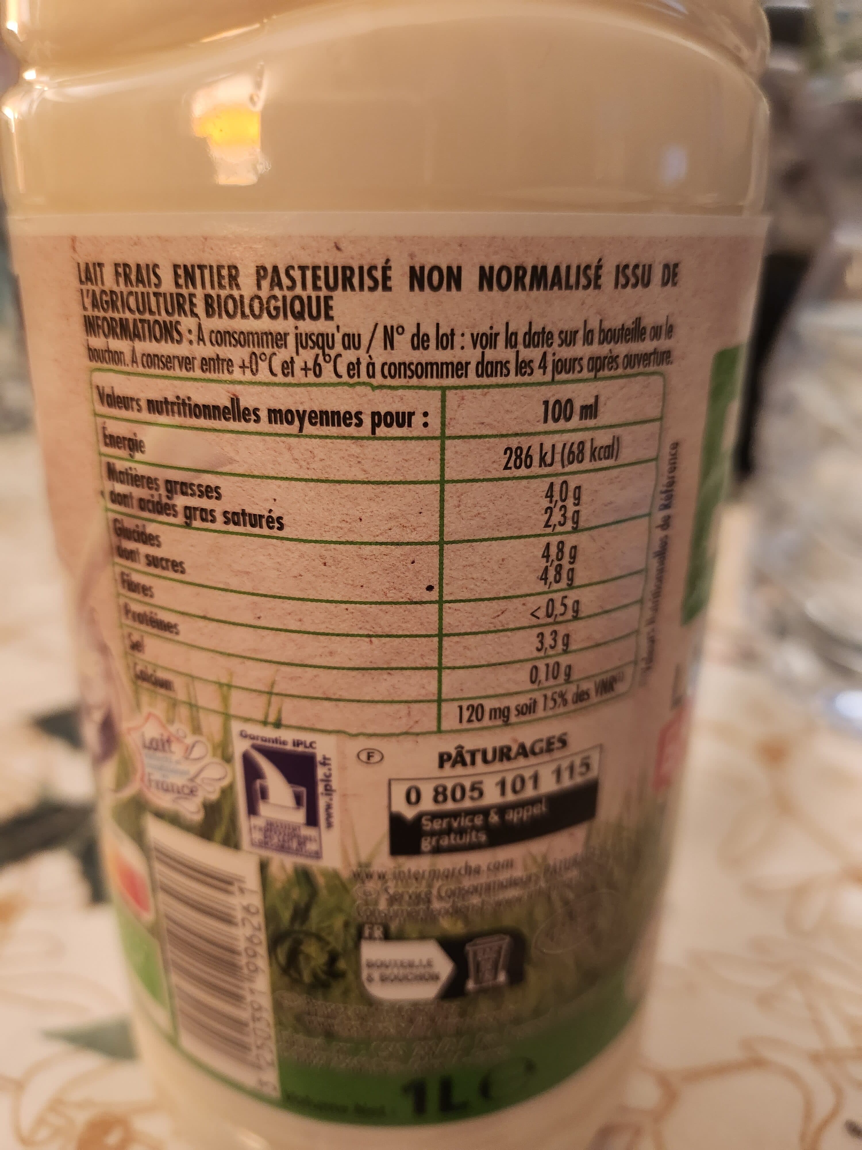 Pâturages Lait frais entier bio bt 1l packshot