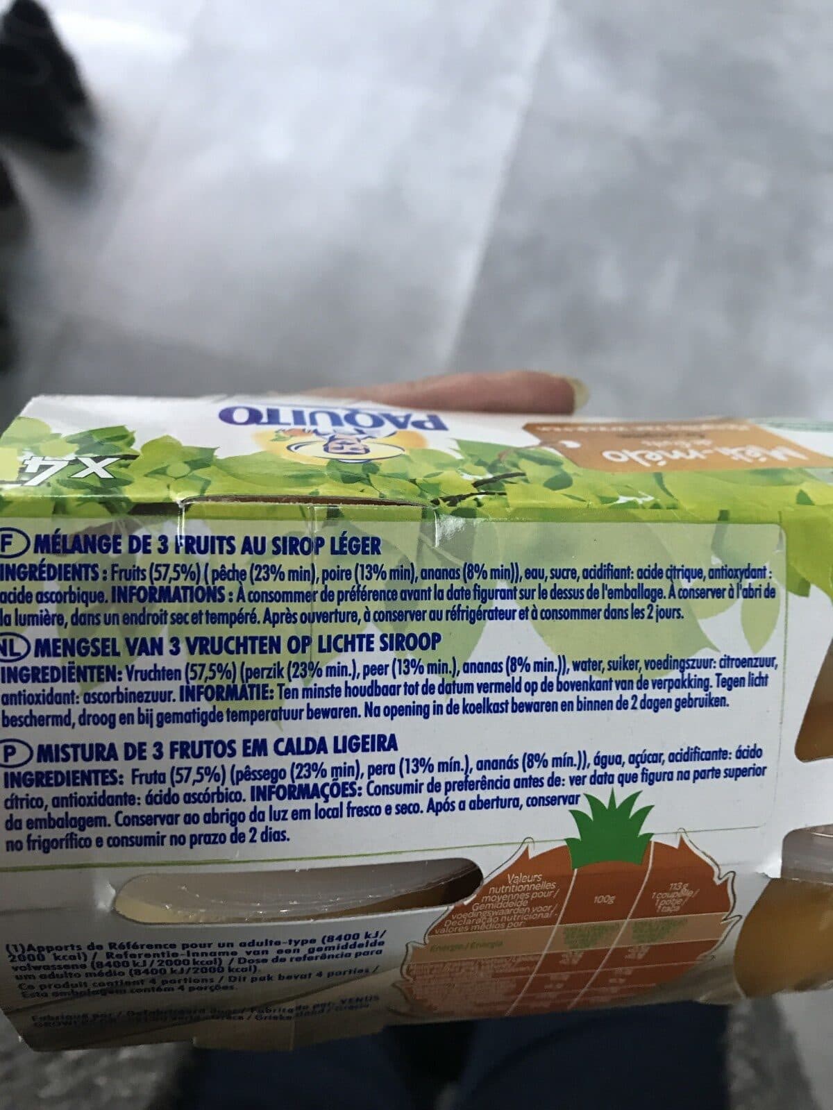 Paquito CUP Méli-mélo : Mélange de Pêches, ananas et poires SSA - 4 x 65g packshot