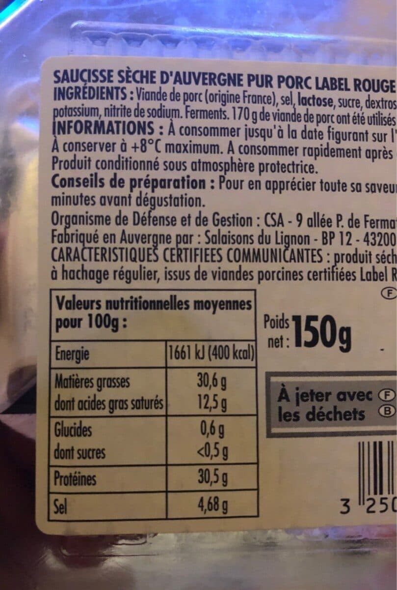 Itineraire de nos regions LS saucisse auvergne LR TRANCHEE 150G - Massif TRAD packshot