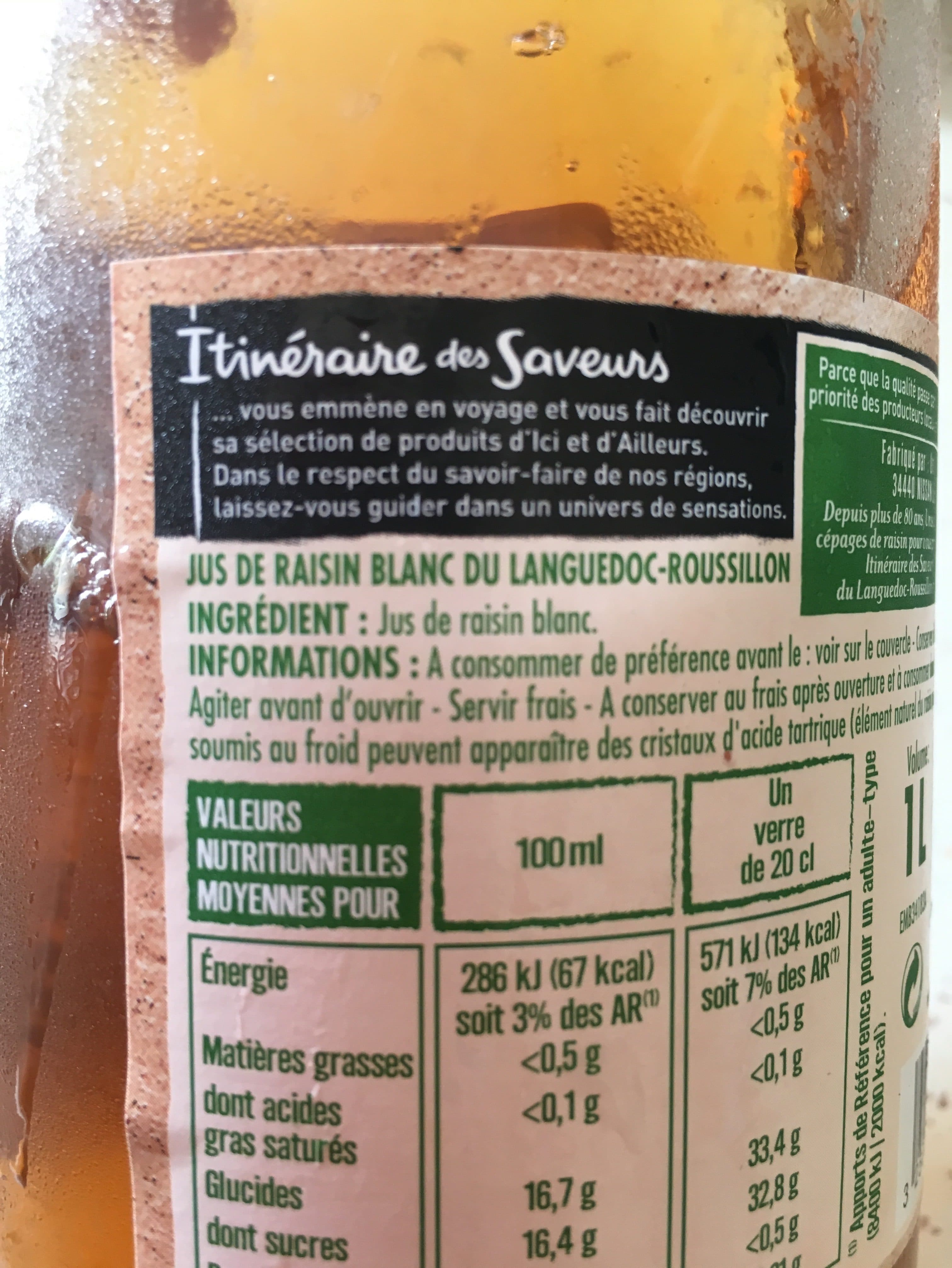 Itinéraire Des Saveurs Itinéraire des Saveurs Pur jus de raisin blanc la bouteille de 1 l packshot