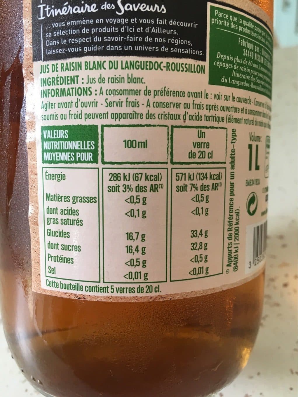 Itinéraire Des Saveurs Itinéraire des Saveurs Pur jus de raisin blanc la bouteille de 1 l packshot