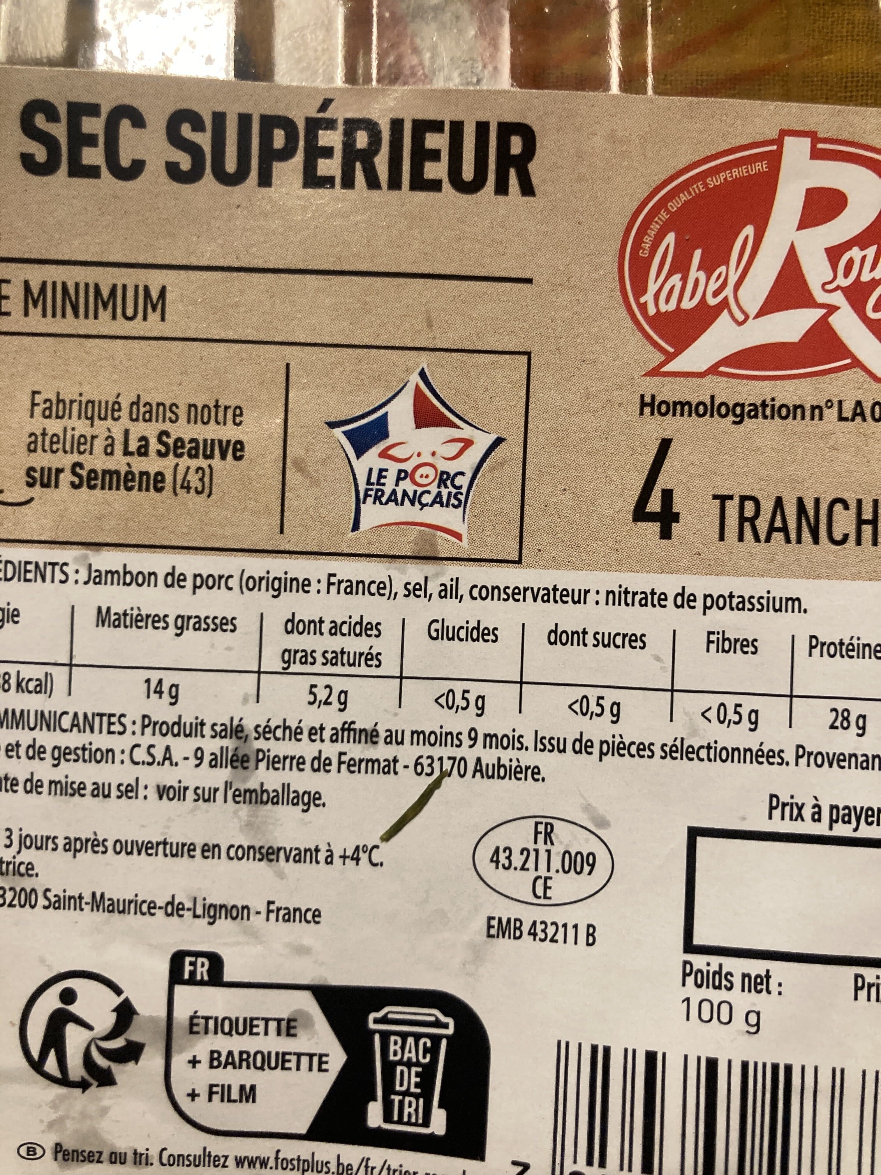 FE P&C JAMBON SEC LABEL ROUGE 9 mois 4T 100g FE - massif LS packshot