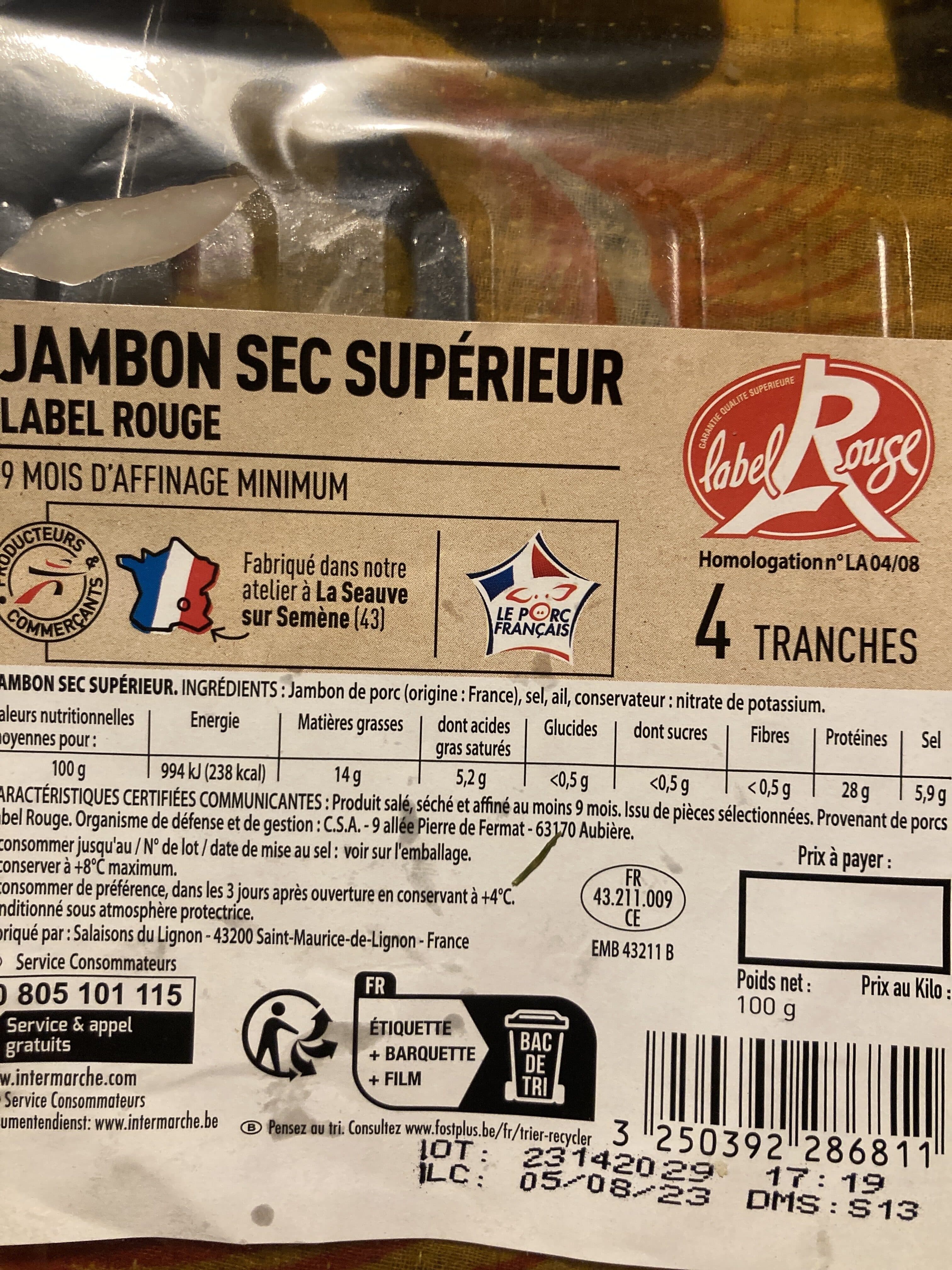 FE P&C JAMBON SEC LABEL ROUGE 9 mois 4T 100g FE - massif LS packshot