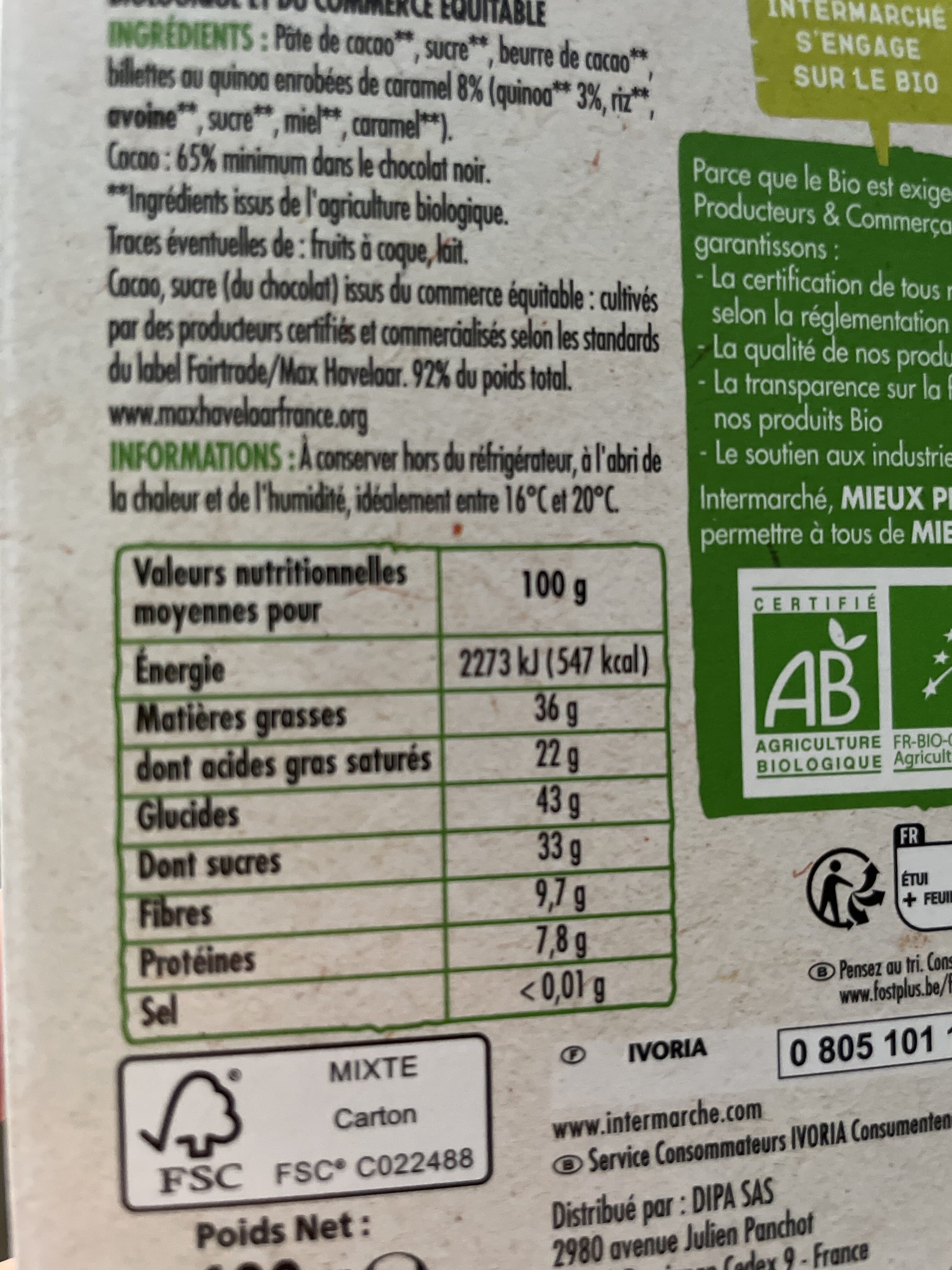 Ivoria Tablette BIO dégustation - Chocolat noir au quinoa - 100g packshot
