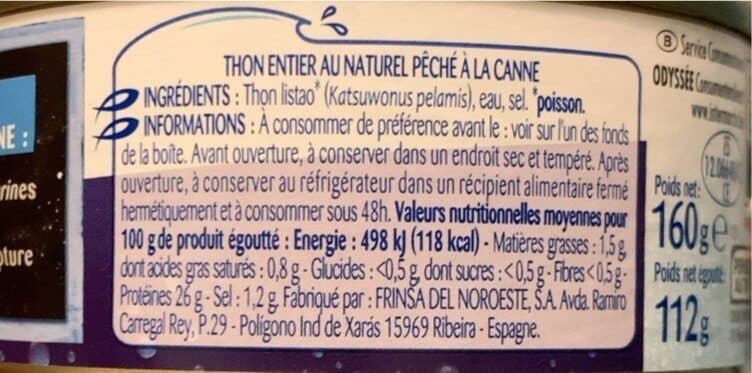 Odyssee Thon entier au naturel pêché à la canne 160g (1/4) packshot
