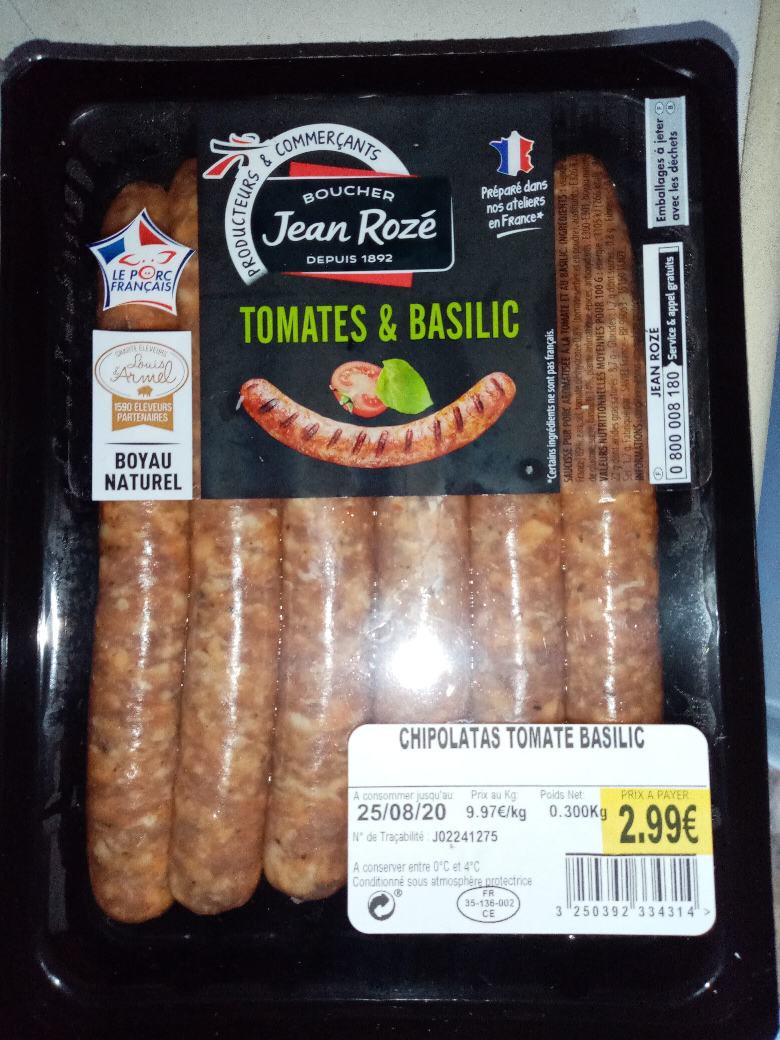 Jean Rozé Saucisses pur porc tomates & basilic packshot