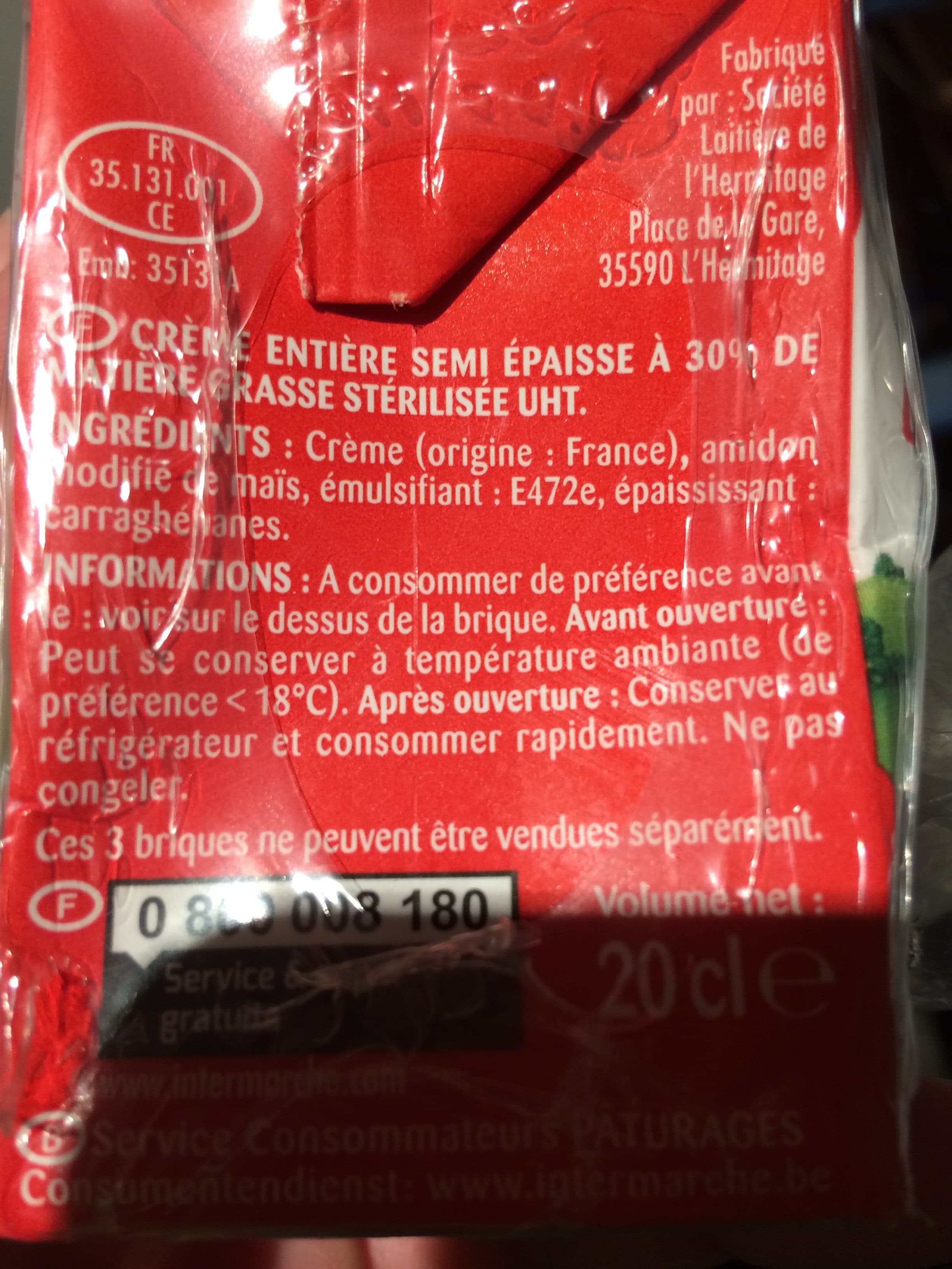 Paturages (Intermarché) Creme uht 30% mg semi epaisse bq 3x20cl packshot