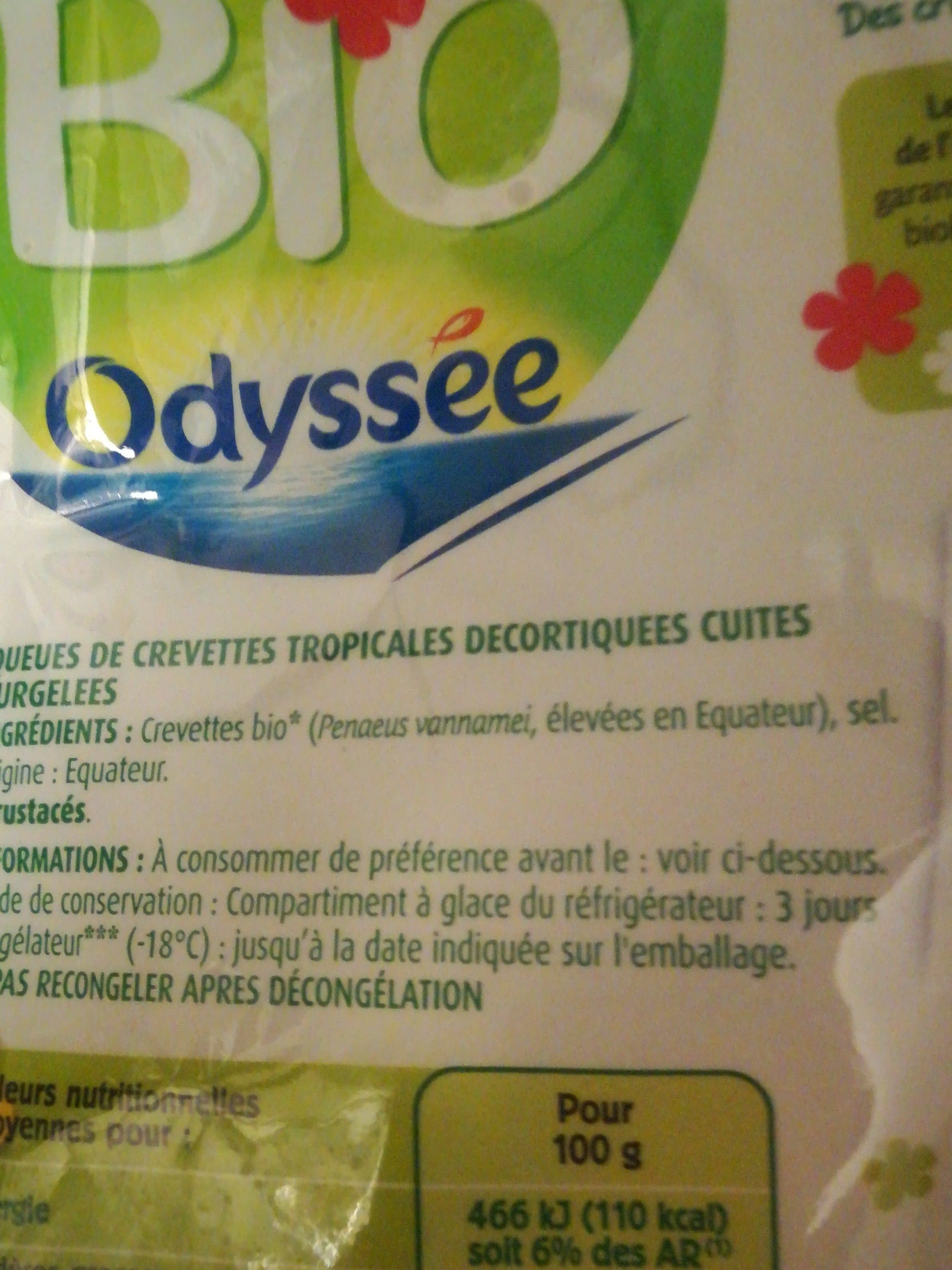 Odyssée QUEUES DE CREVETTES TROPICALES DECORTIQUEES ET CUITES BIO ASC calibre 90 110 200G packshot