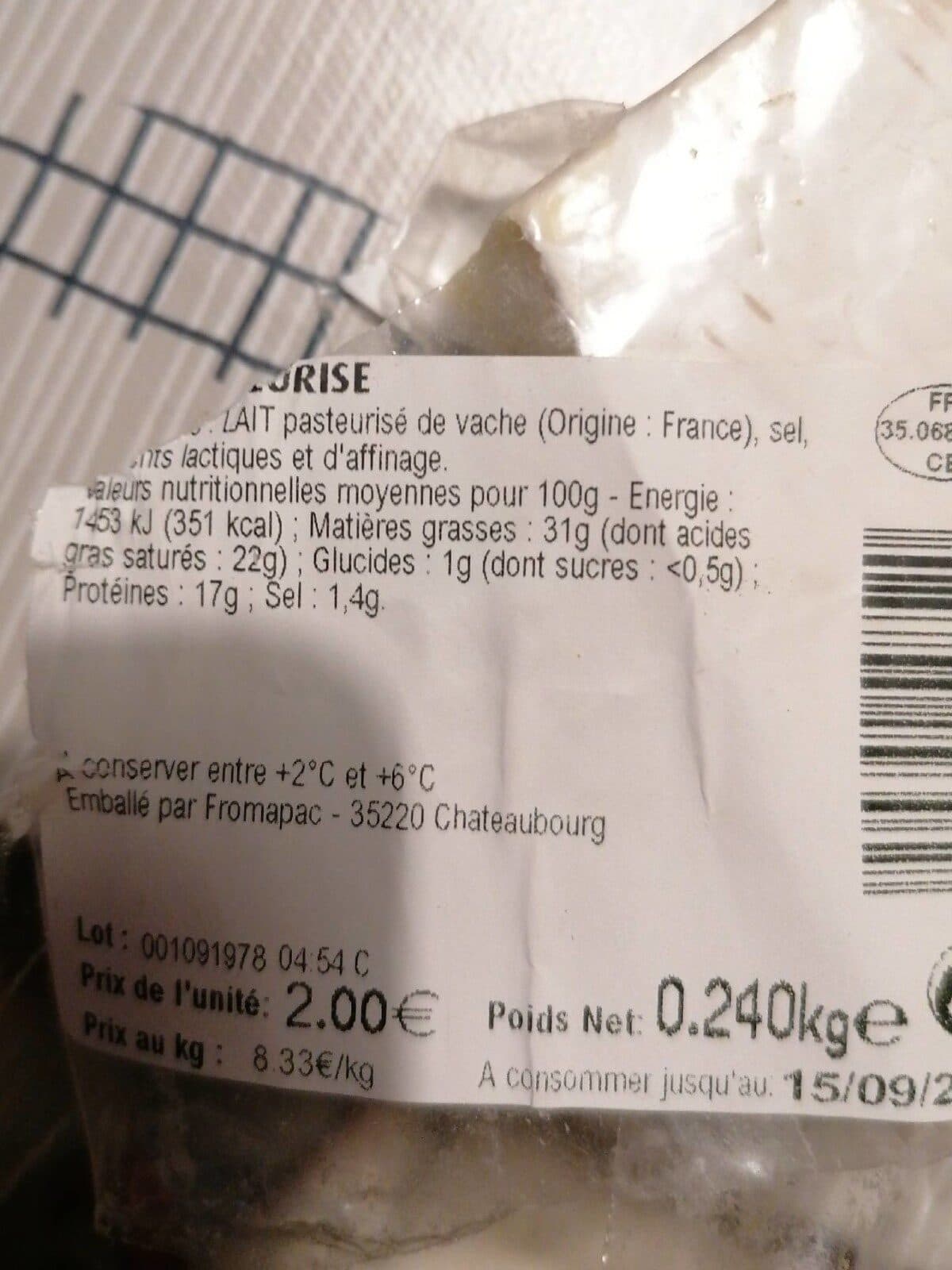 Fromapac Brie pasteurise fe 240g packshot
