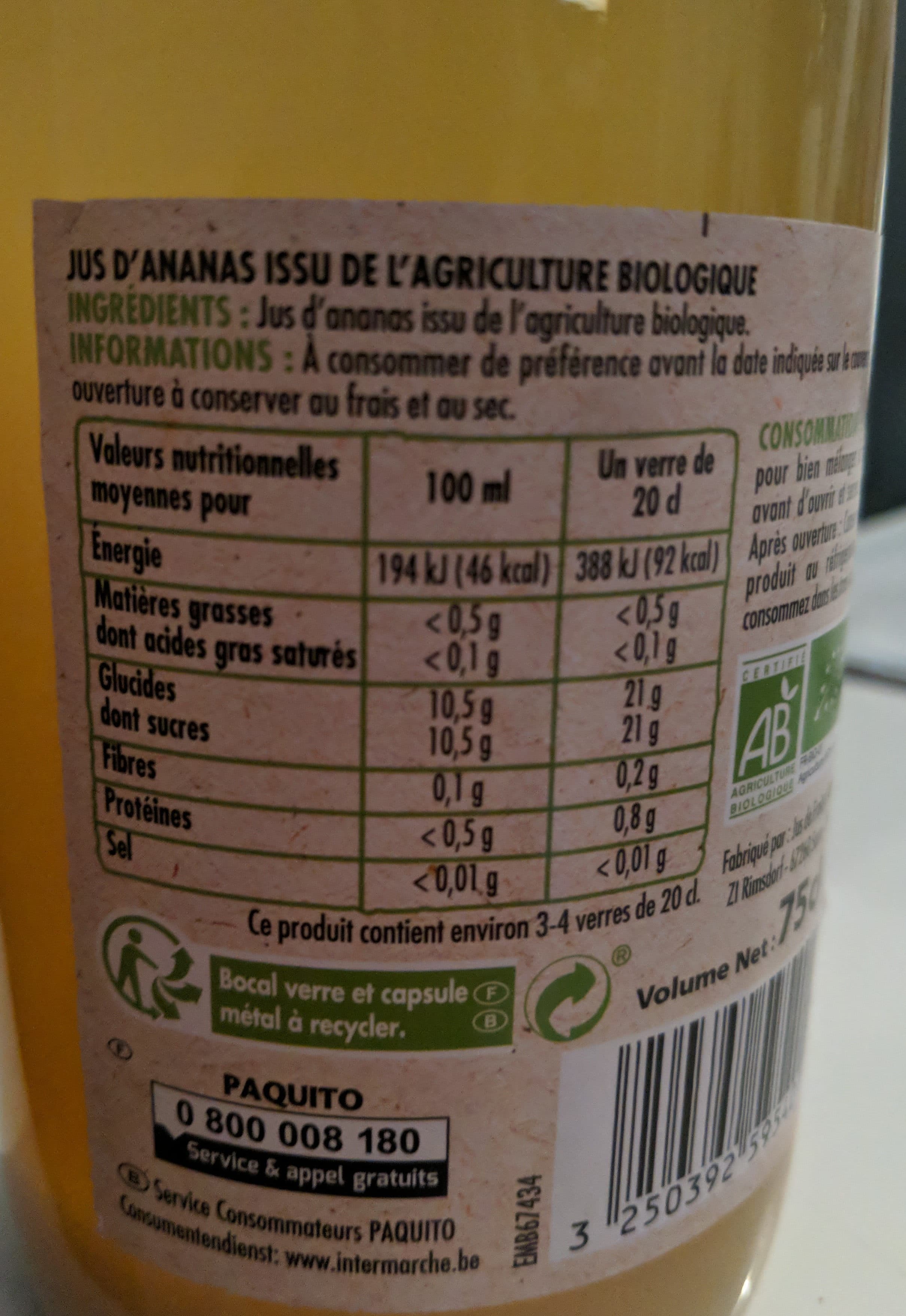 Paquito Pj ananas bio verre 75cl packshot
