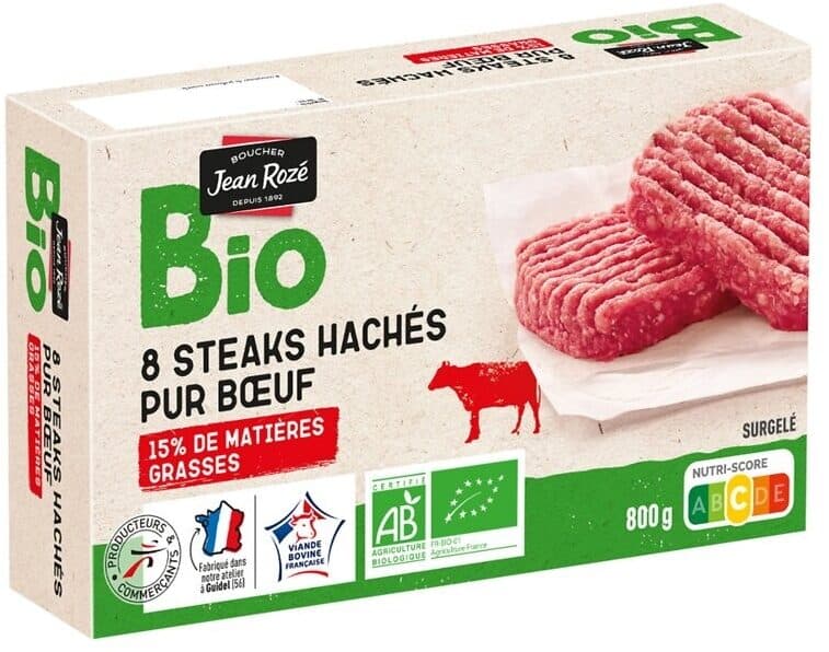 Jean Rozé Steak hache bio 15% mg x8 format familial packshot