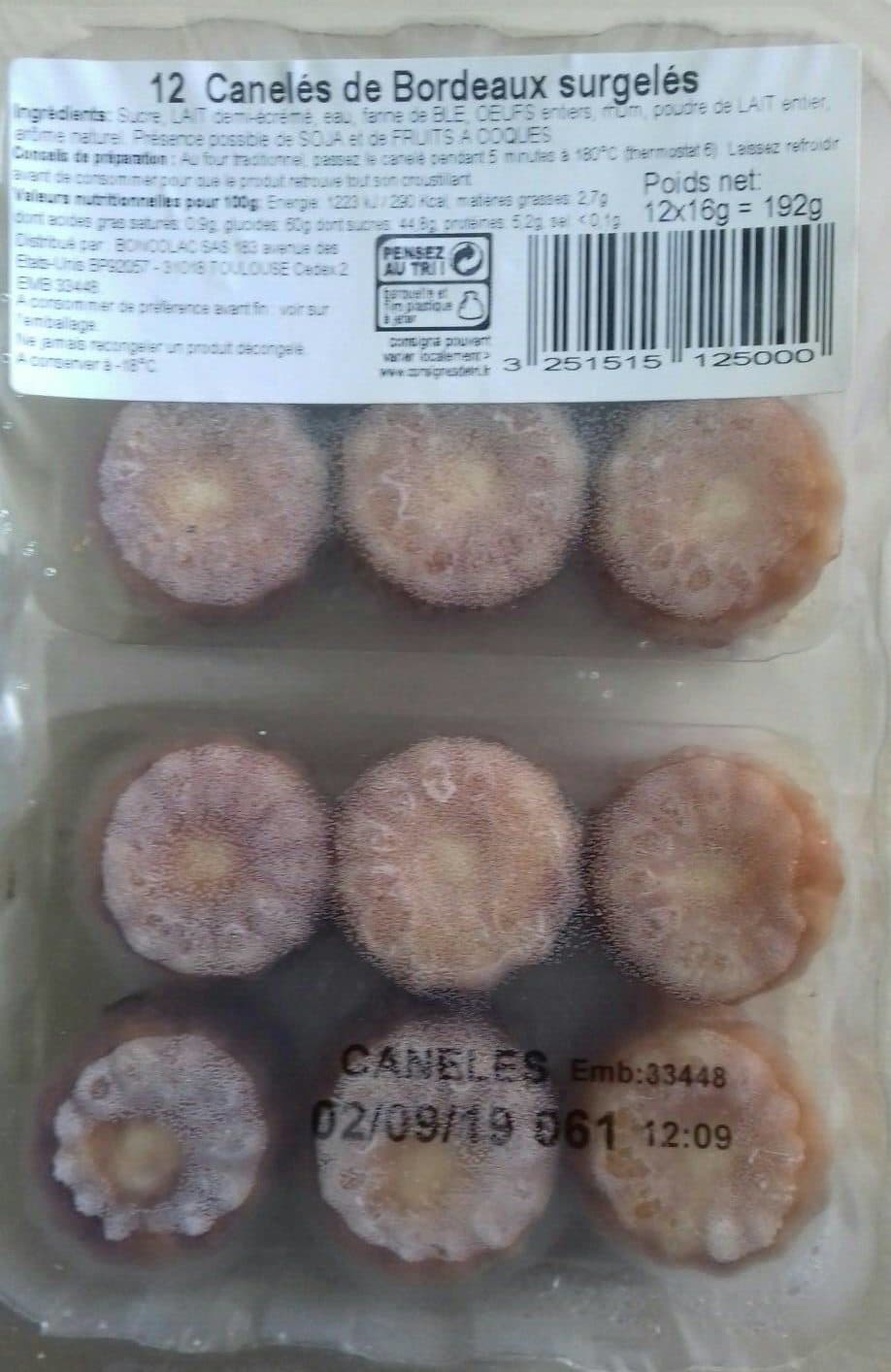 Boncolac 12 Cannelés de Bordeaux surgelés packshot