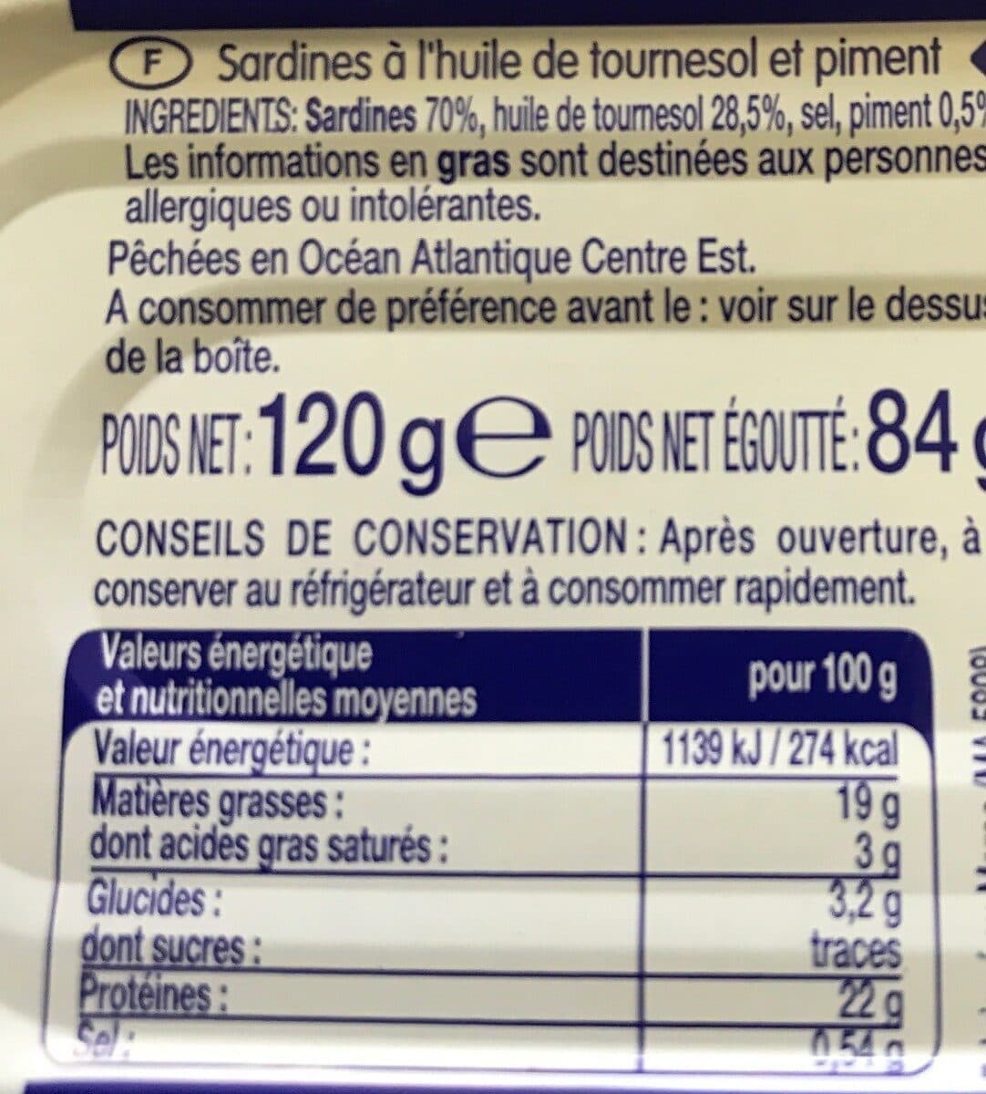 Open Food Facts Sardines à l'huile de tournesol et piment packshot