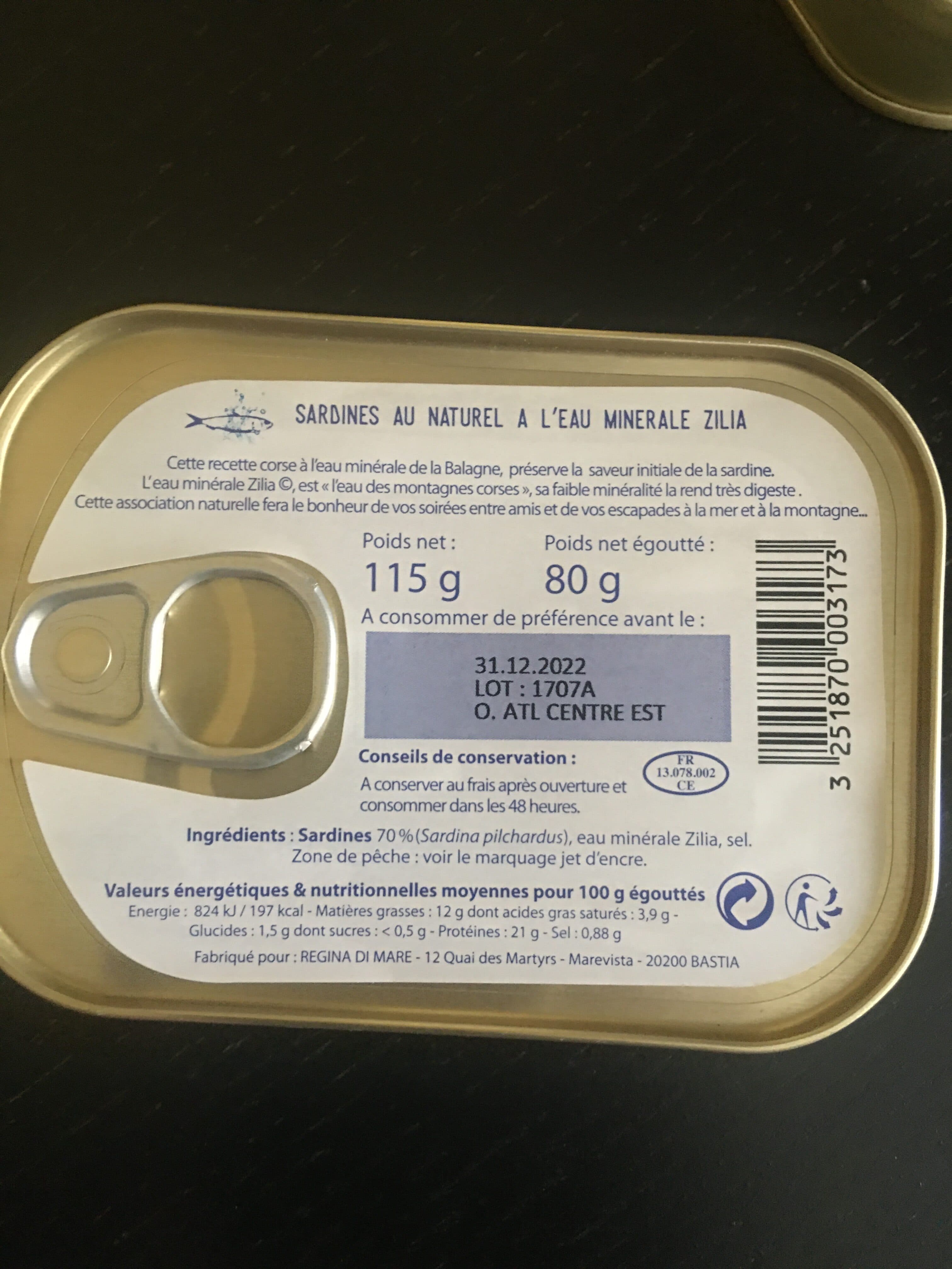 Regina di Mare Sardines Au Naturel à l'Eau Minerale Corse Zilia packshot