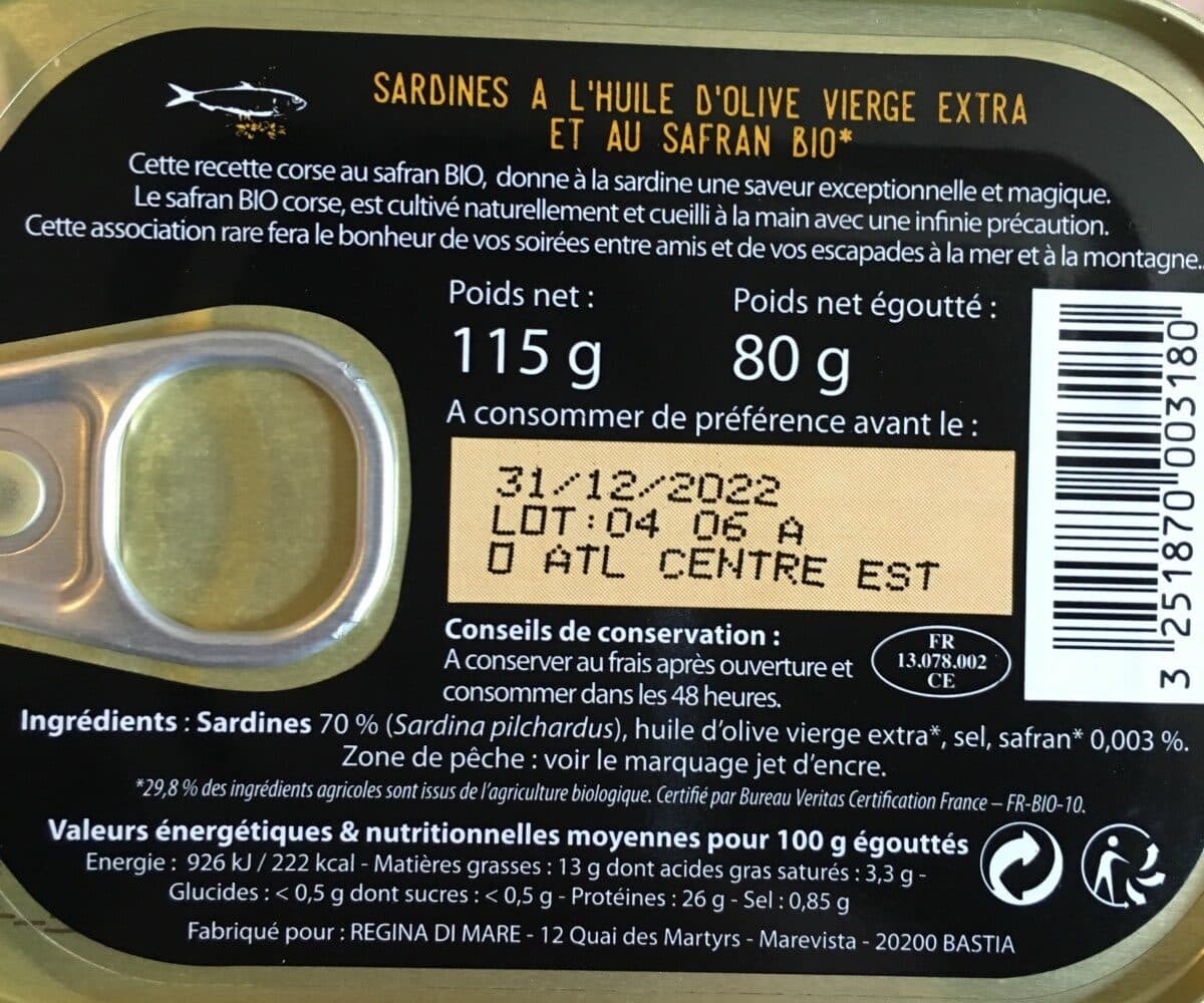 Regina di Mare Sardines au Safran Bio Corse packshot