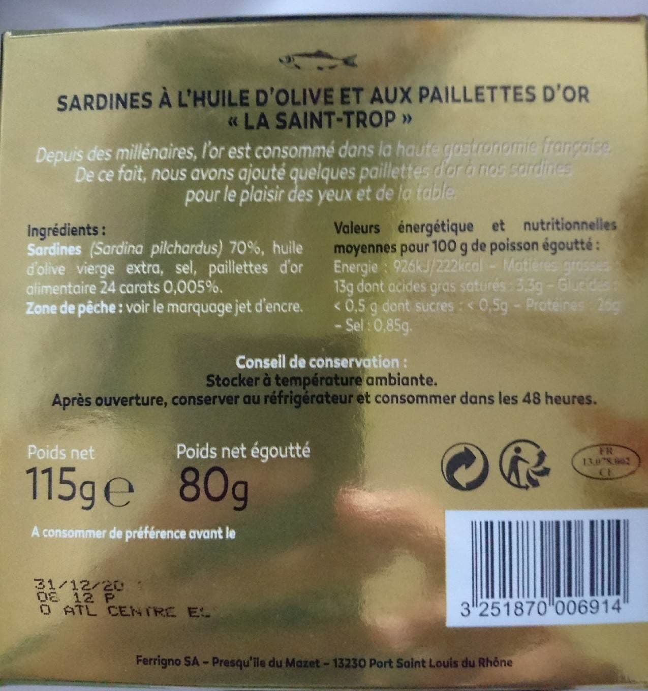 La Bonne Mer Sardine à l'huile d'olive et aux paillettes d'or. La "Saint-Trop" packshot