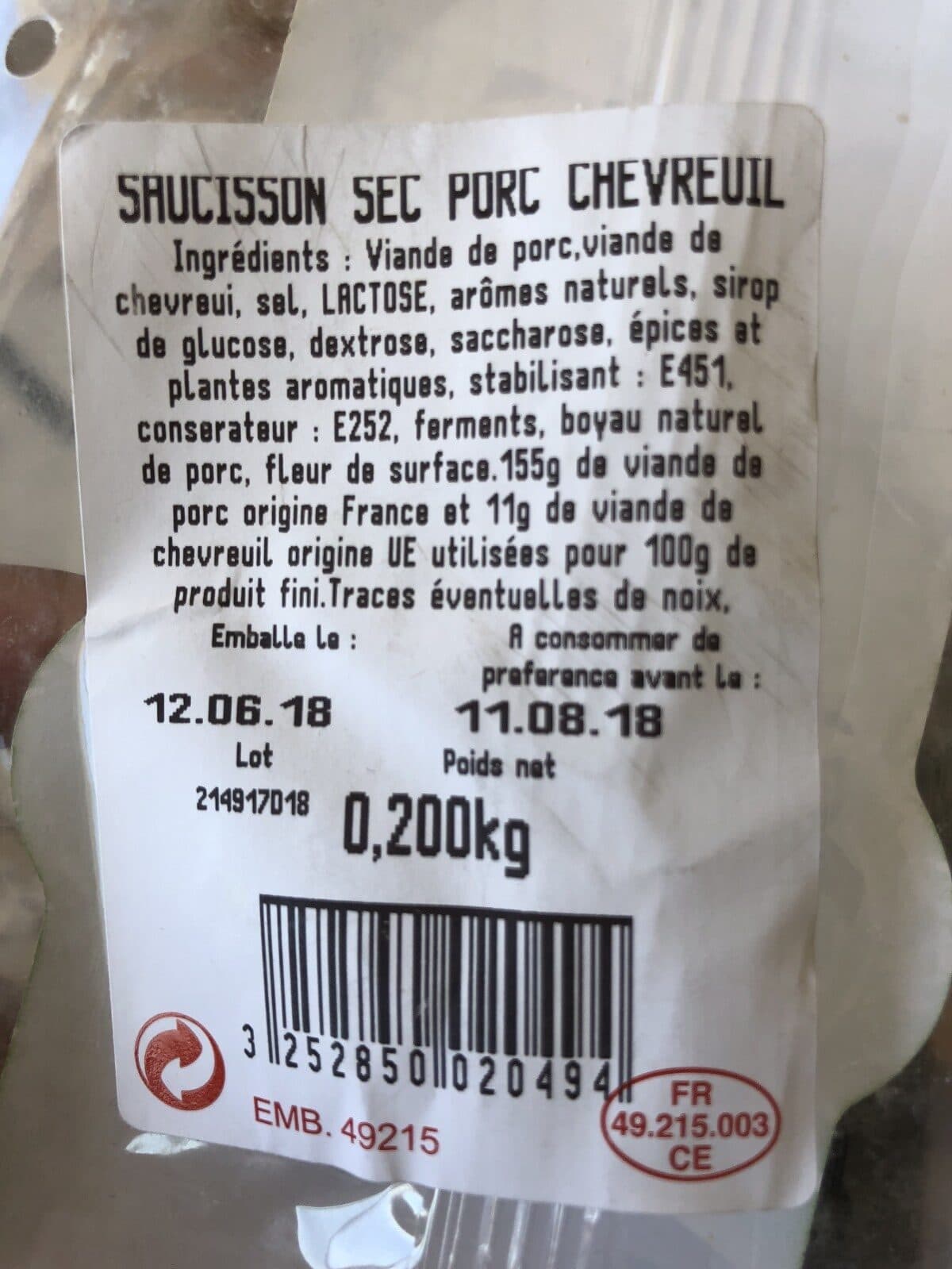 Open Food Facts Saucisson sec au chevreuil L'Angevin packshot