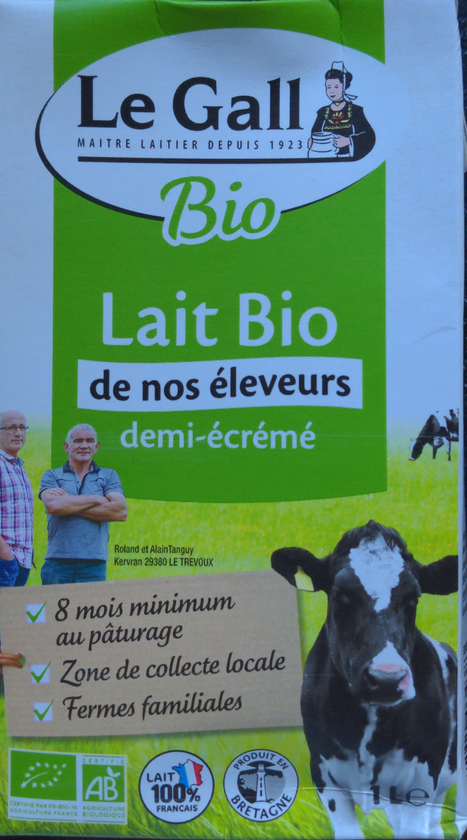 Le Gall Lait bio de nos éleveurs demi-écrémé packshot