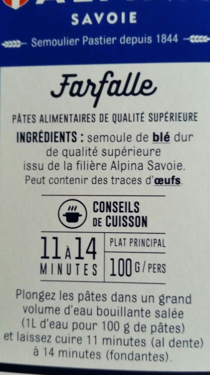 Alpina Savoie Farfalle Filière Française packshot