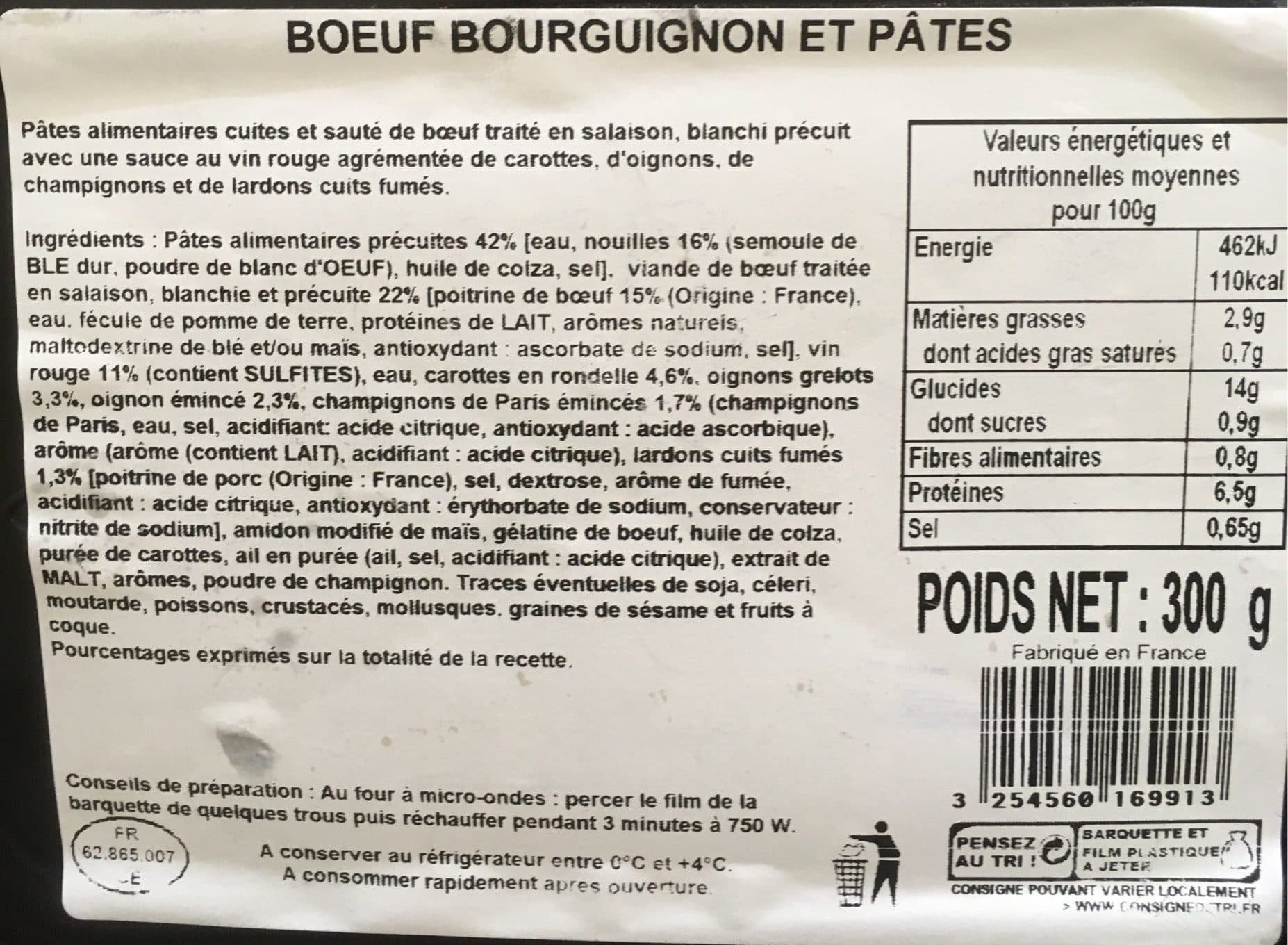Auchan Le Traiteur Boeuf bourgignon et pates packshot