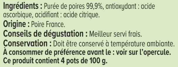 U Dessert fruitier coupelle Poire sans sucres ajoutés, 4x100g packshot
