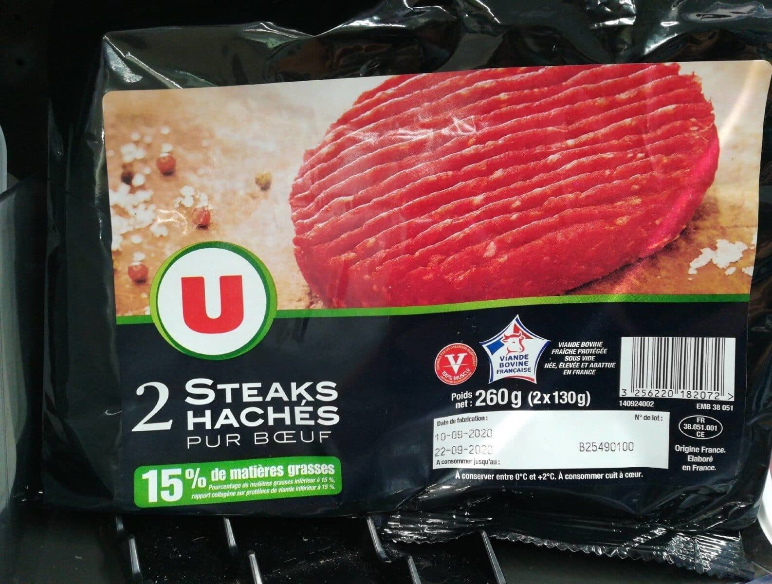 U Steak haché, 15% Matière Grasse, France, VBF 2 pièces - 260g packshot
