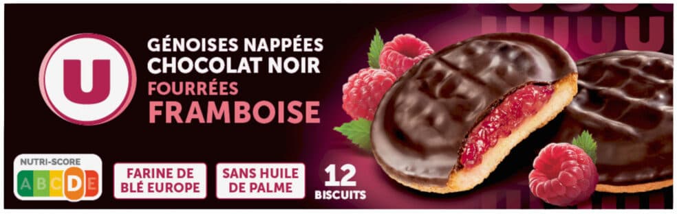 U Génoises nappées chocolat noir fourrées framboise packshot