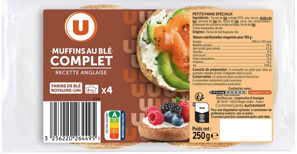 U Muffins au blé complet Recette Anglaise x4 - 250g packshot