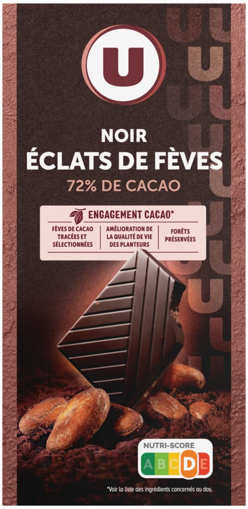 U Chocolat noir dégustation 72% d'éclats fèves de cacao Tablette de 100g packshot