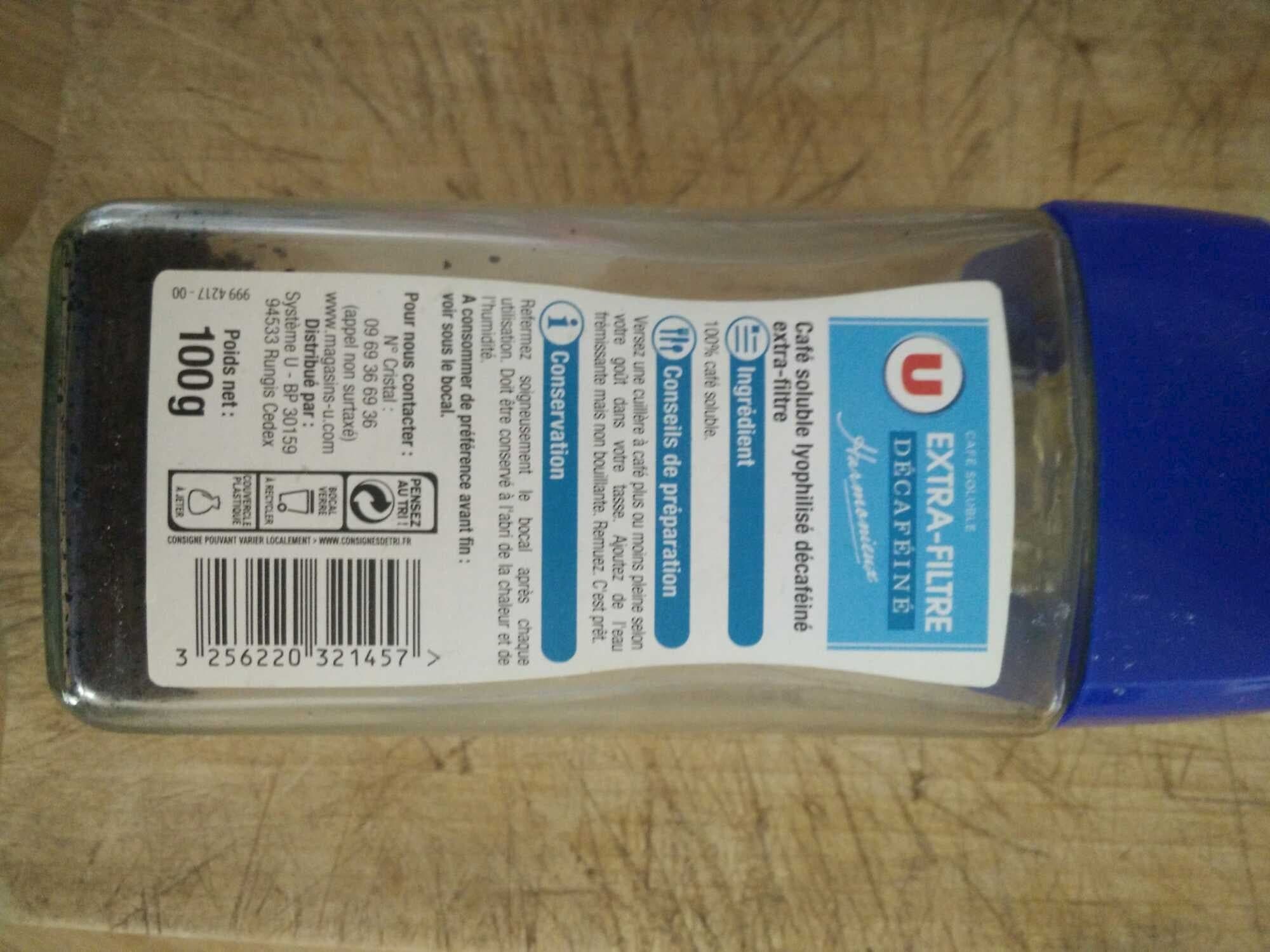 U Café soluble extra filtre lyophilisé décaféiné - 100g packshot