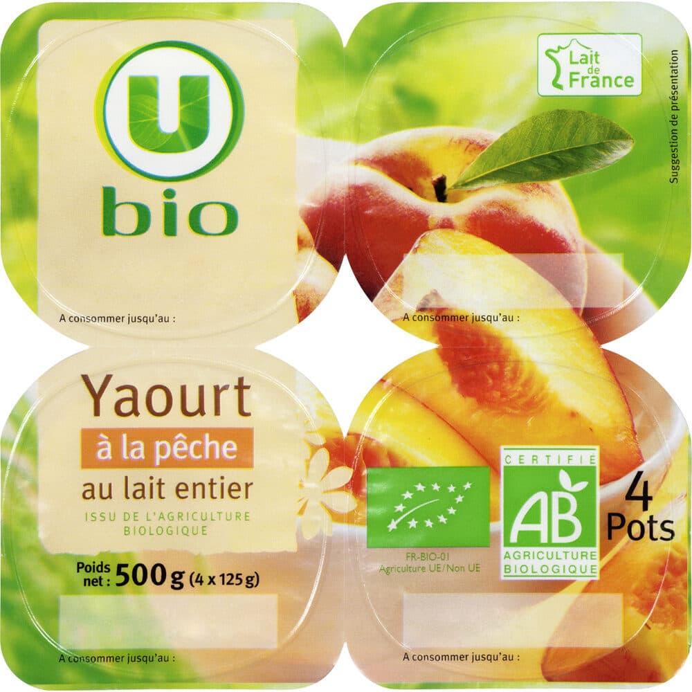 U Yaourts bio brassés aux pêches 4x125g packshot