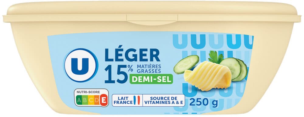 U Matière grasse laitière légère 1/2 sel 15%MG, barquette de 250g packshot