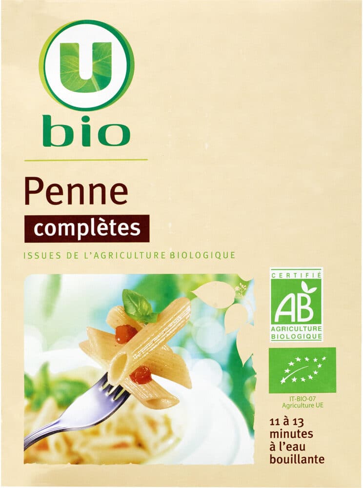 U Pâtes Pennes complètes boîte en carton de 500g packshot