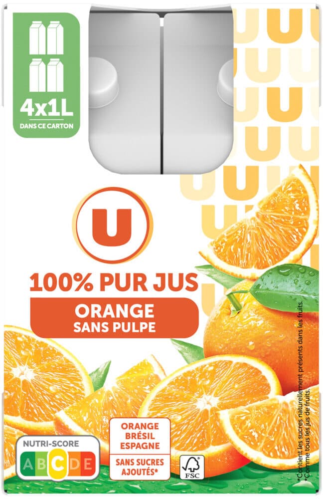 U Pur jus d'orange sans pulpe brique 4X1 litre packshot