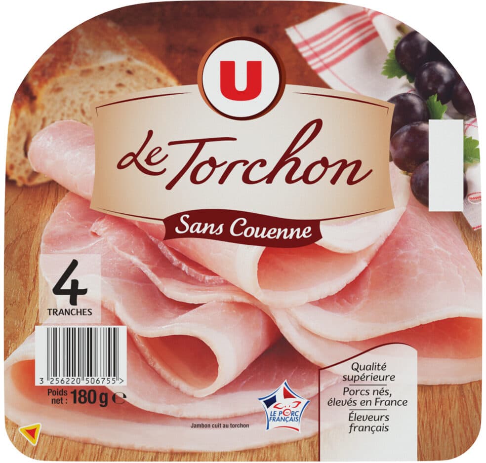 U Jambon cuit au torchon découenné 4 tranches, 180g packshot