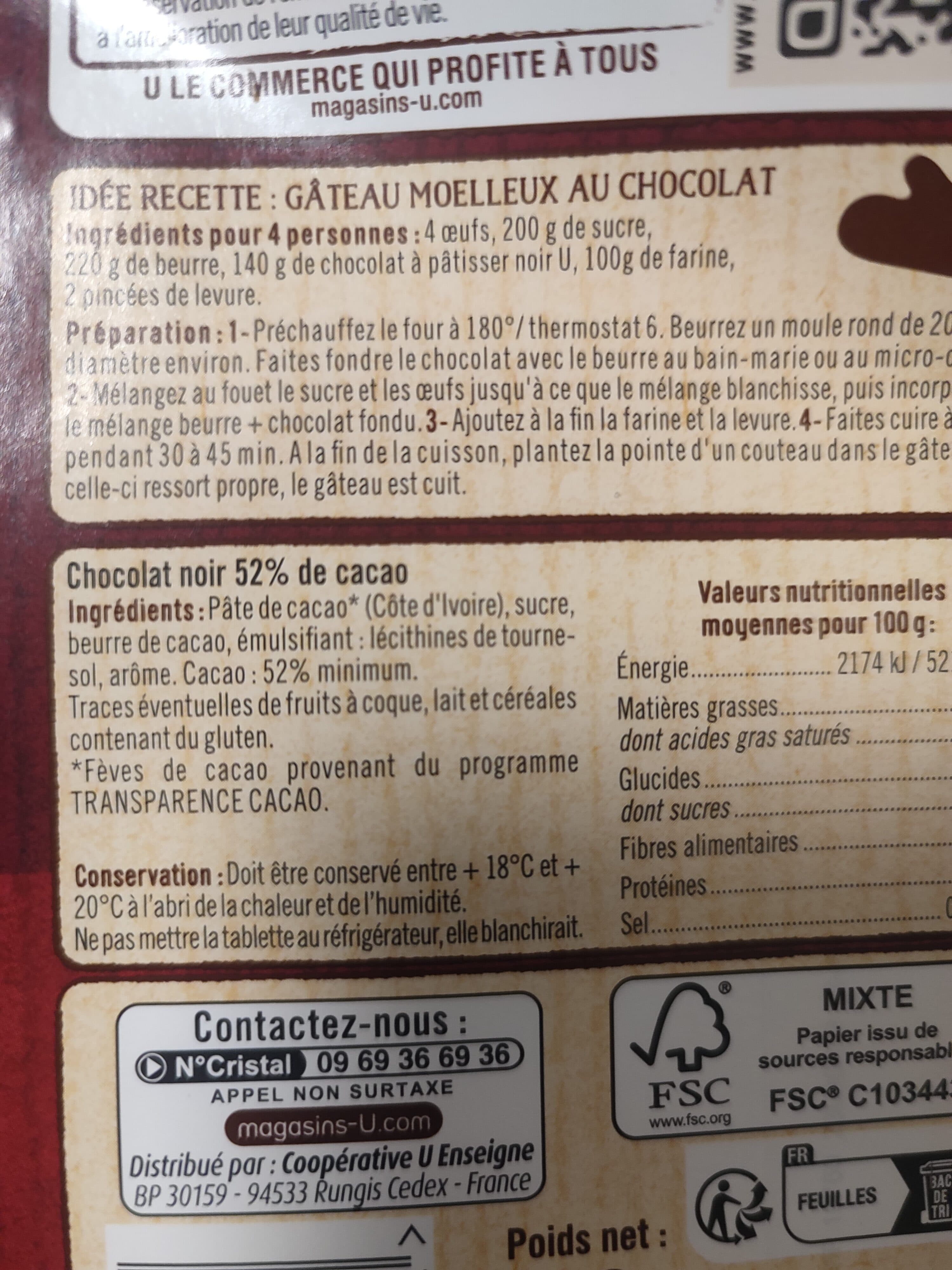 U Chocolat noir à pâtisser Tablette de 200g packshot