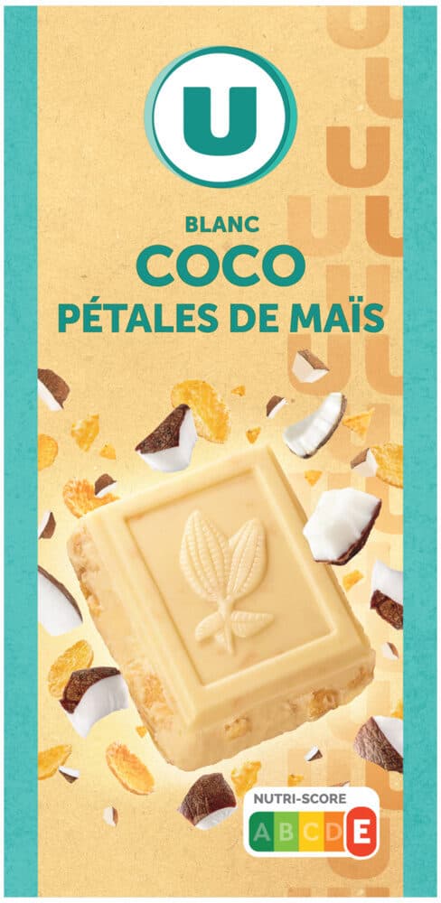 U Chocolat blanc à la noix de coco et pétale de maïs Tablette de 200g packshot