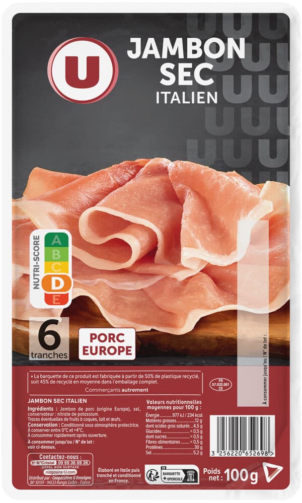 U Jambon sec Italien - x6 tranches, 100g packshot