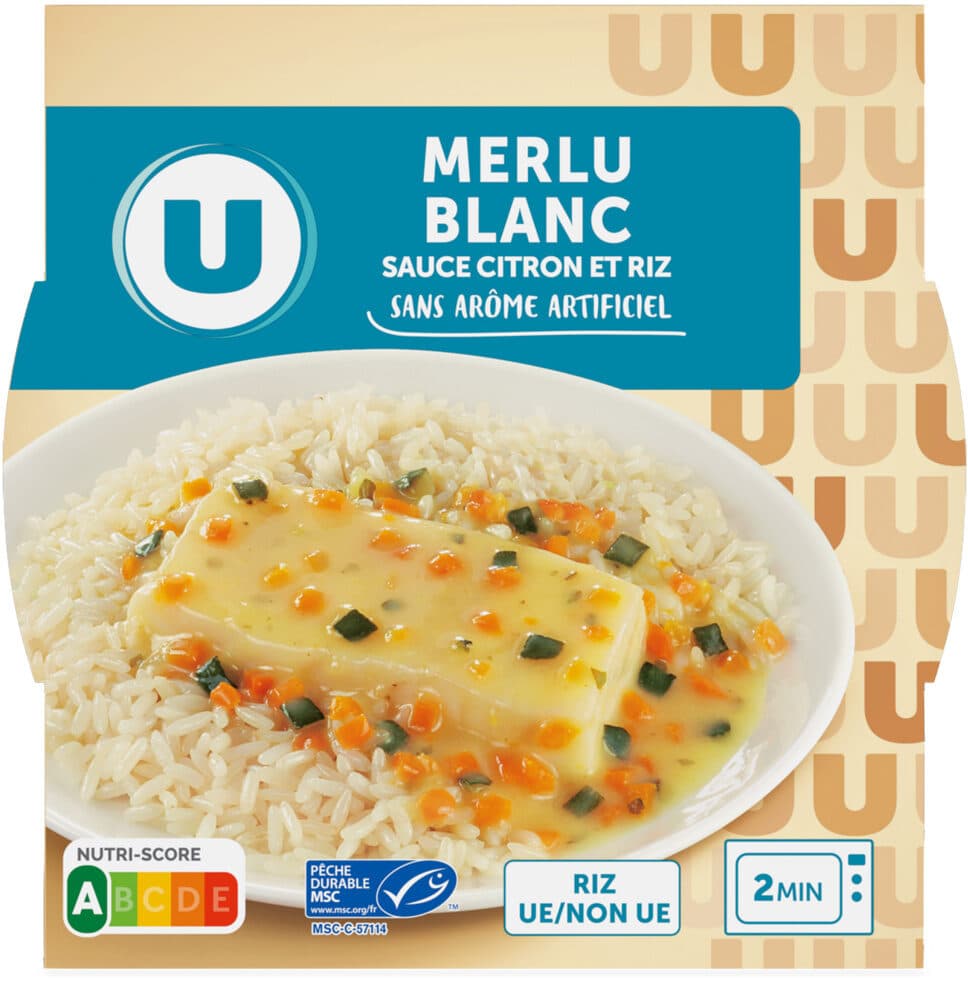 U Plat cuisiné Merlu blanc sauce citron et riz barquette micro-ondable de 300g packshot