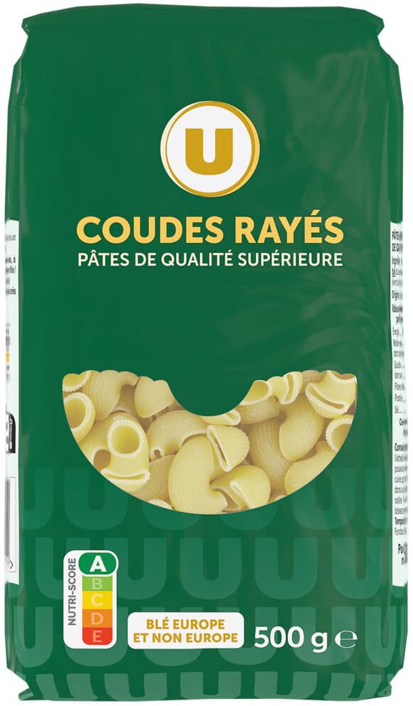 U Pâtes Coudes rayés qualité supérieure, paquet cello de 500g packshot