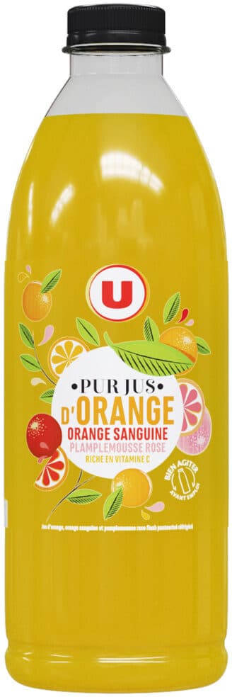 U Pur jus d'orange, orange sanguine, pamplemousse réfrigéré - Bouteille1L packshot
