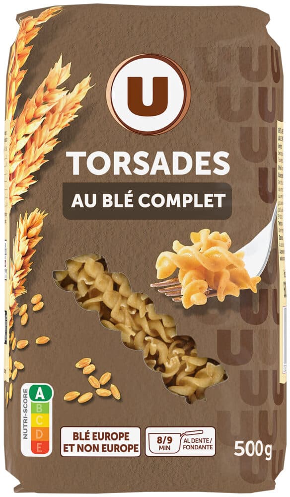 U Pâtes Torsades au blé complet sachet de 500g packshot