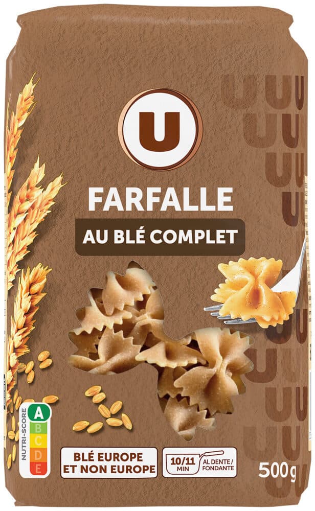 U Pâtes Farfalle blé complet sachet 500g packshot