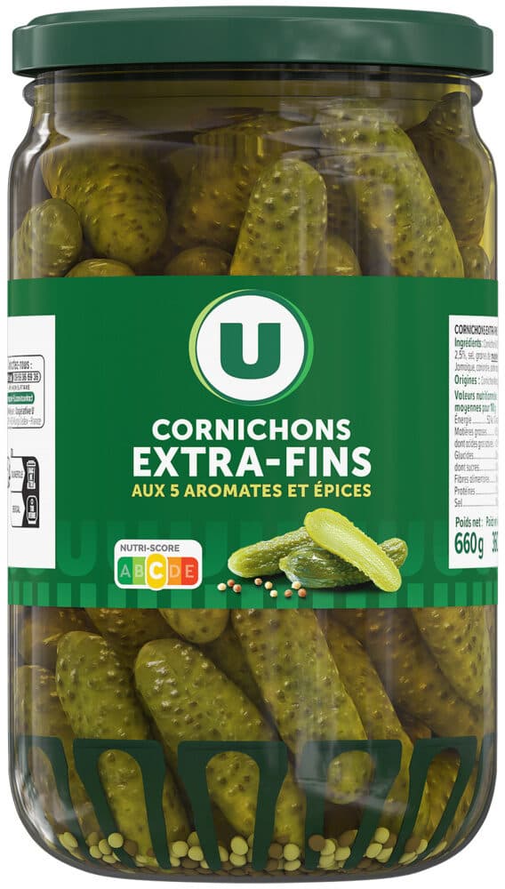 U Cornichons extra-fins au vinaigre bocal de 72cl, 360g packshot