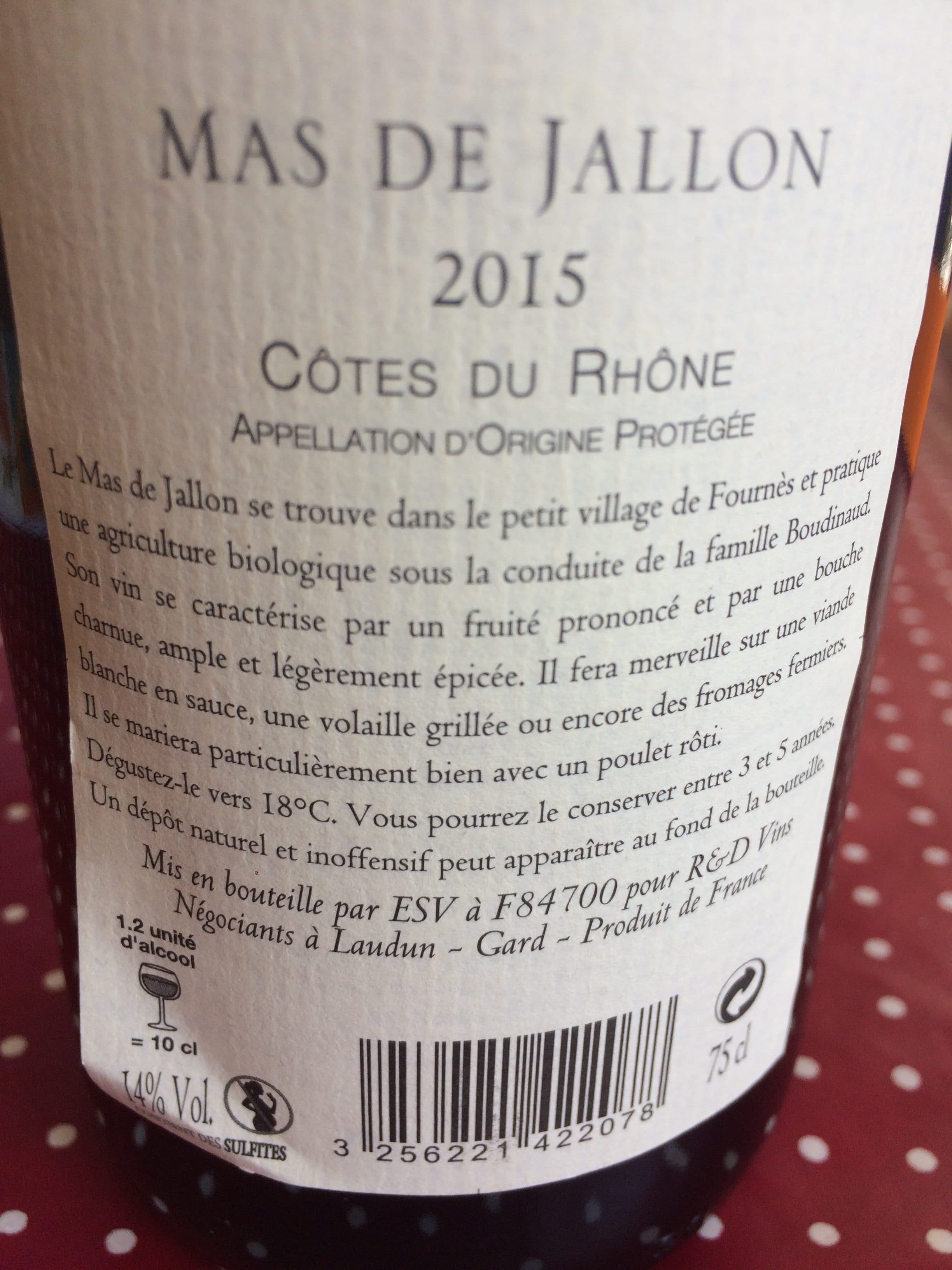 U Vin rouge AOP Côtes du Rhône Mas de Jallon 75cl packshot